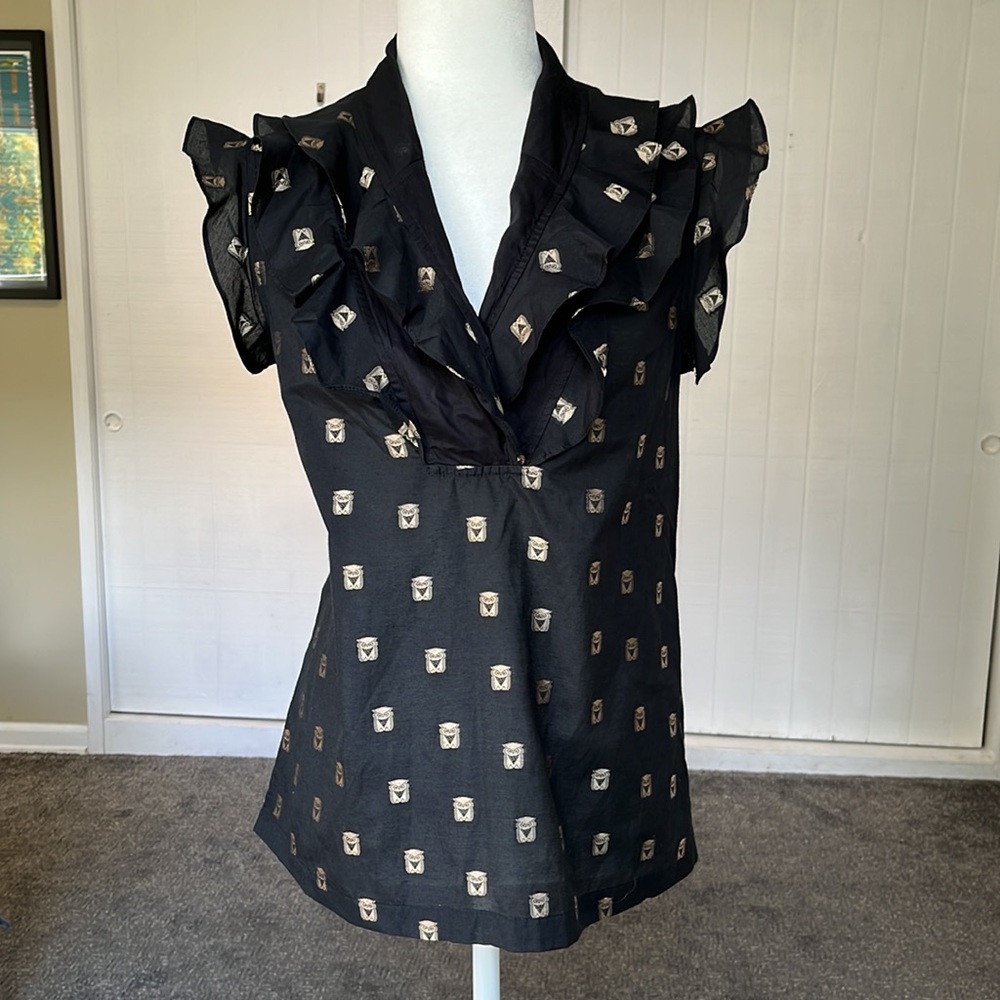 🦉French Connection Owl ruffle sleeved tank black gold size 6